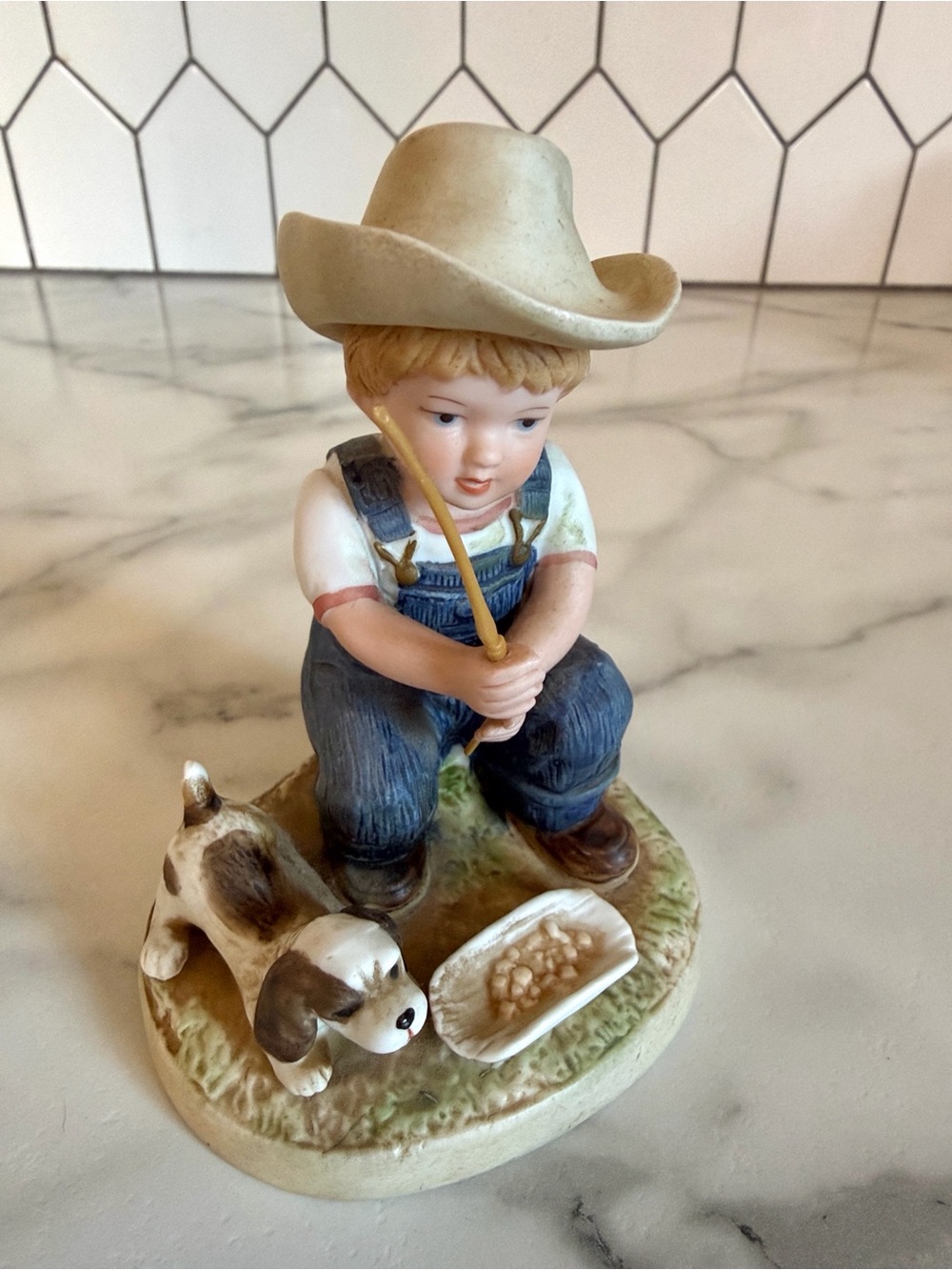 Vintage 1985 Homco Denim Days #1504 Boy Holding a Stick with Puppy